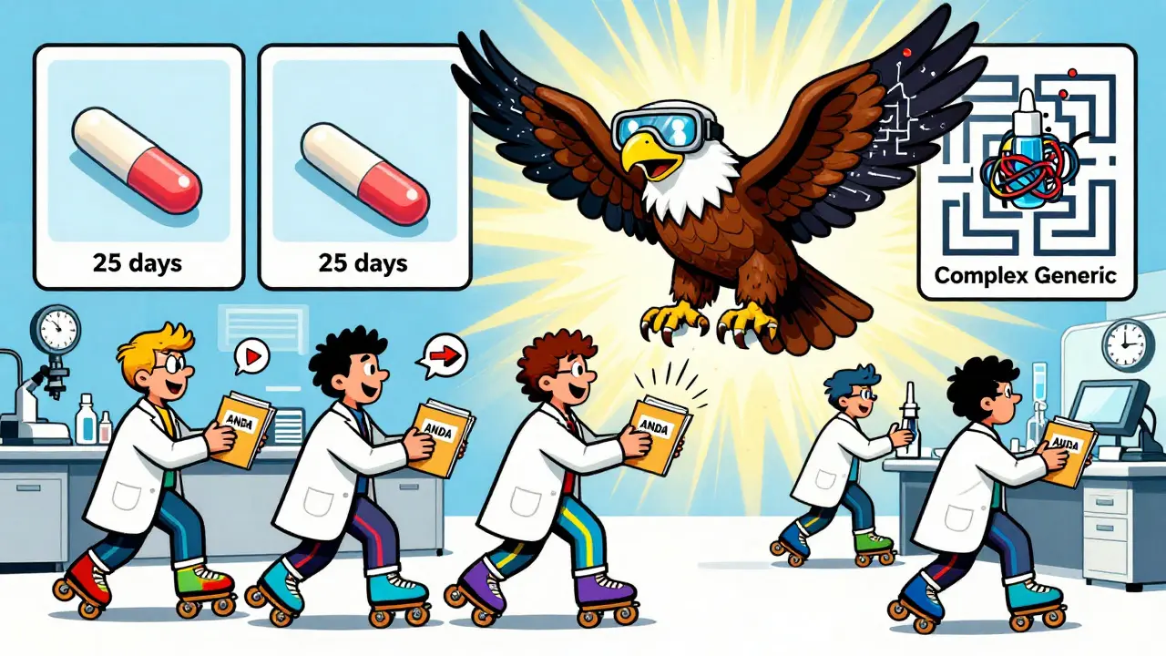 Cartoon scientists on roller skates delivering applications to an AI-goggled FDA eagle, with simple and complex drugs shown side by side.