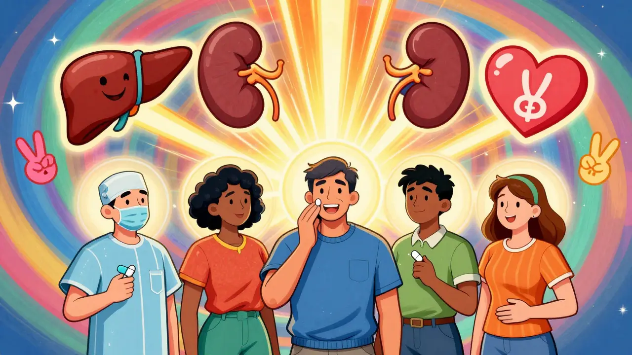 Diverse patients holding pills that emit energy beams, surrounded by happy organ icons and rainbow swirls.