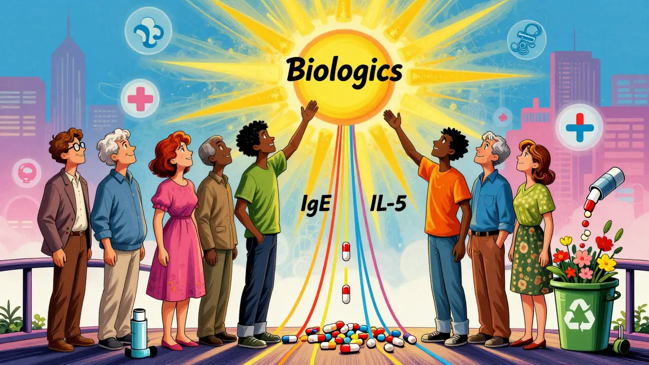 Diverse patients on a bridge of inhalers reaching toward a radiant 'Biologics' sun as steroids disappear.