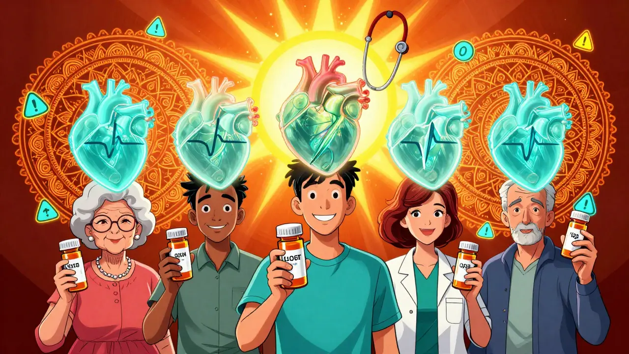 Diverse patients with floating heart outlines showing different QT intervals, framed by neon potassium ions and warning symbols.