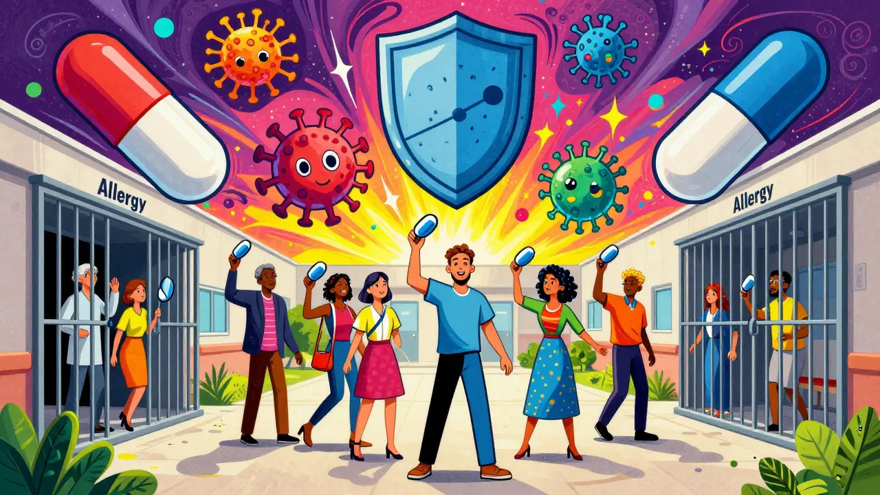 Diverse people emerge from allergy cages into a sunlit courtyard, holding penicillin pills as trophies.