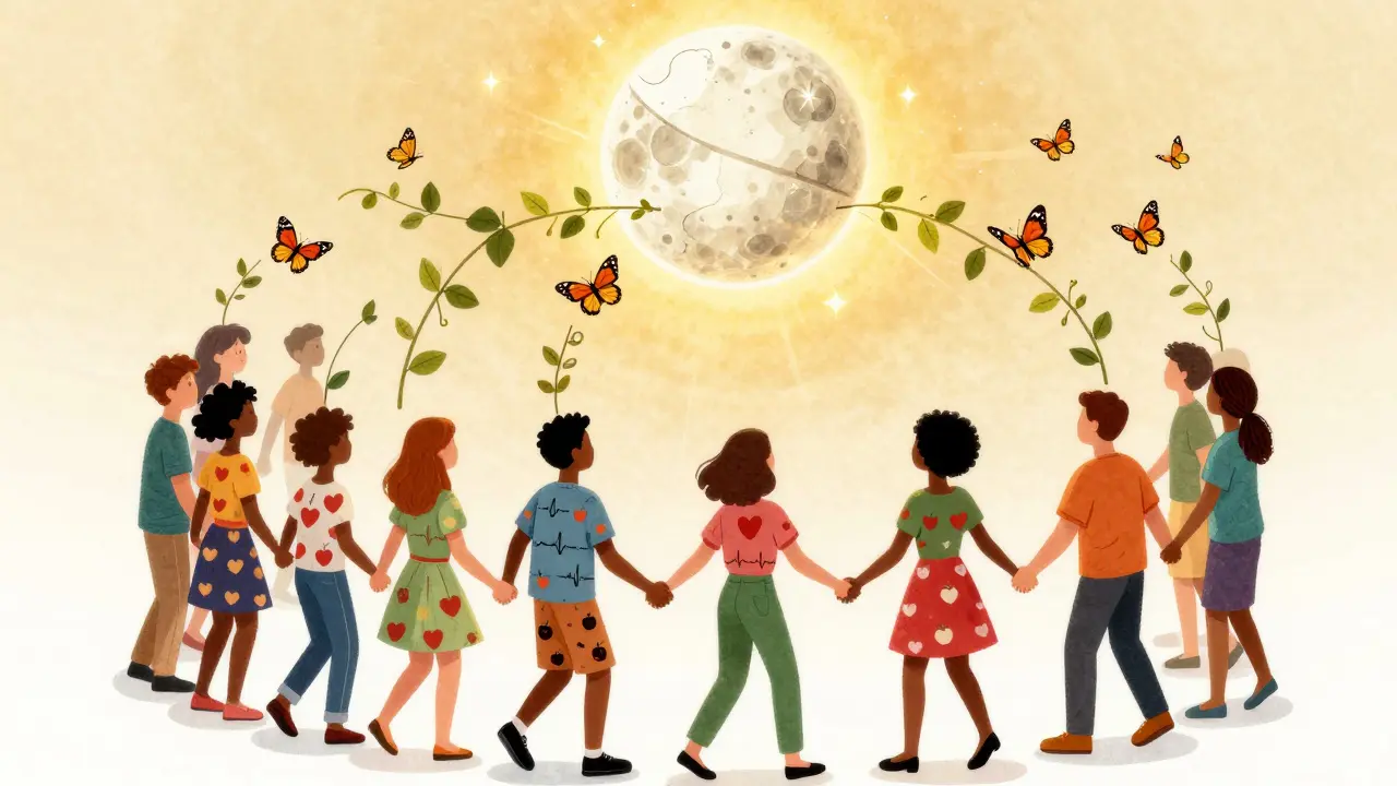 Diverse people holding hands under a floating medication pill that casts light as butterflies and vines, symbolizing combined health benefits.