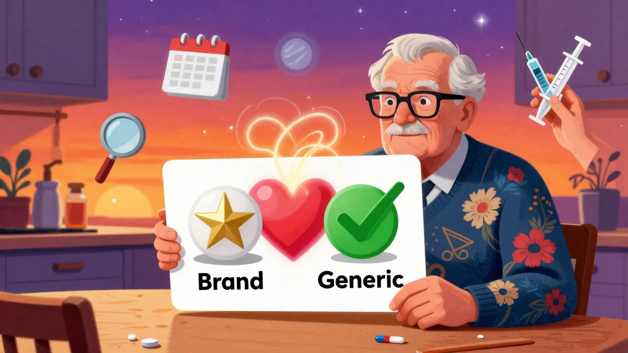 Elderly person holding a large-print pill comparison card with glowing symbols around them.