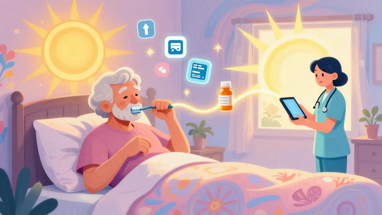 Elderly person taking pills after brushing teeth, with glowing habit-stacking thread and floating health icons.