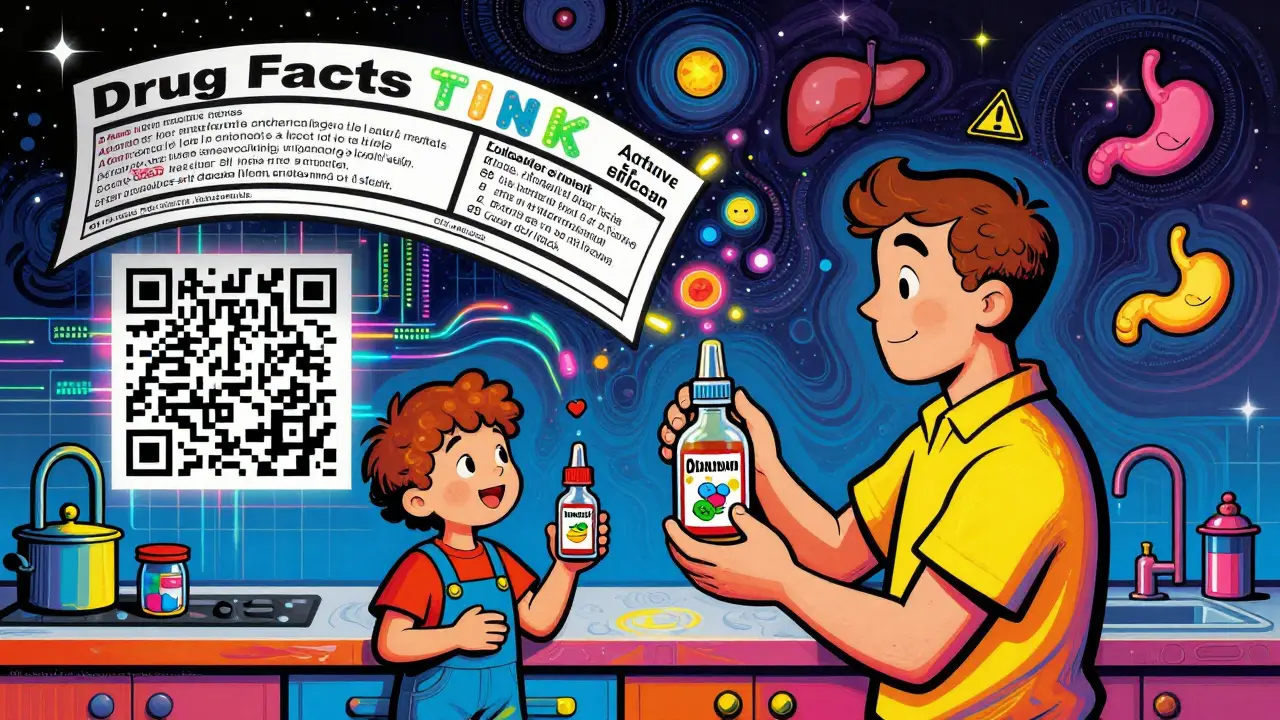 Family in kitchen with floating Drug Facts label and holographic warning symbols in vibrant pop-art style.