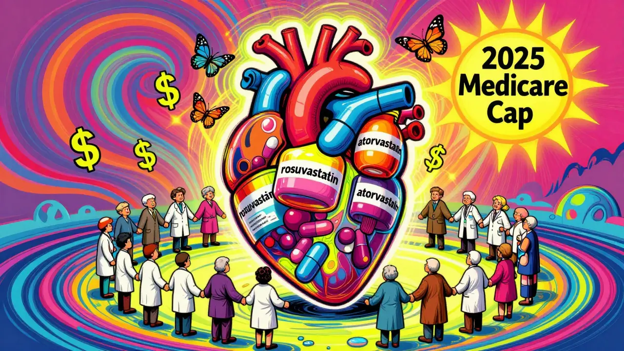 Giant heart made of generic pill bottles pulsing with neon colors, surrounded by people holding hands, dollar signs turning into butterflies.