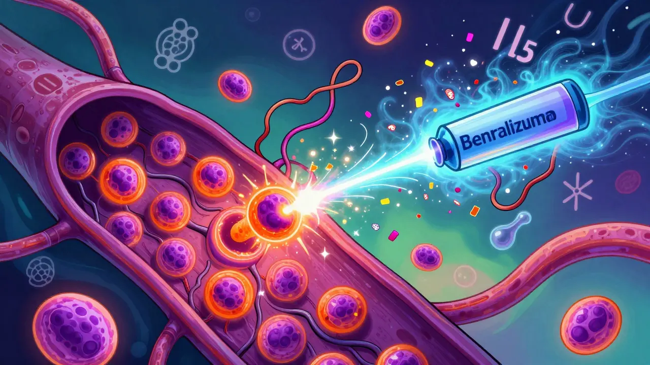 Glowing eosinophils in blood vessels being zapped into glitter by a laser-like biologic beam.
