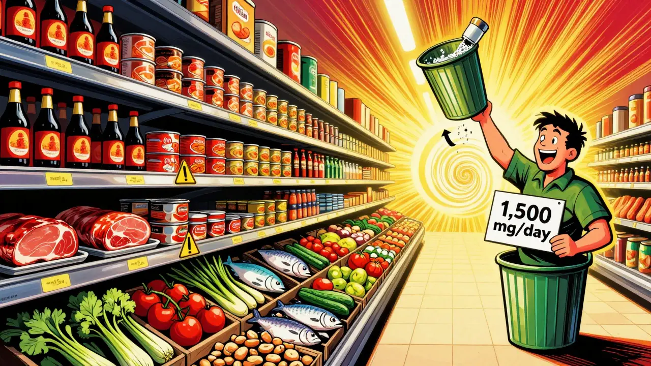 Grocery aisle with warning signs on salty foods and healthy options glowing