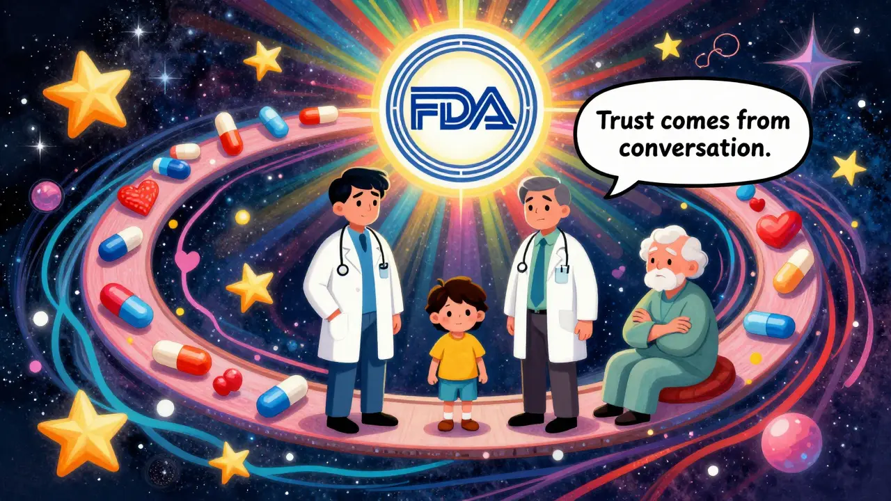 Medical team and patients connected by floating pills and a radiant FDA seal in a cosmic scene.