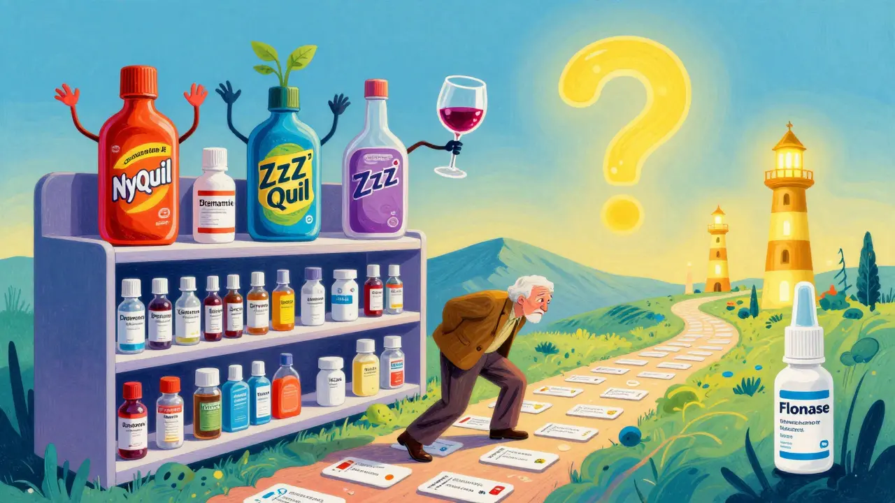 Medication bottles dance with wine glasses on a surreal pharmacy shelf, while an elderly person stumbles among warning labels.