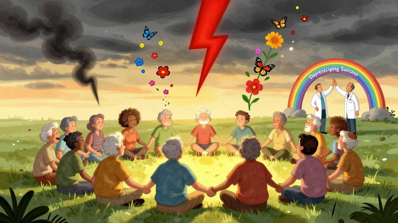 Older adults in a circle as dangerous drug effects turn into butterflies, representing safe deprescribing.