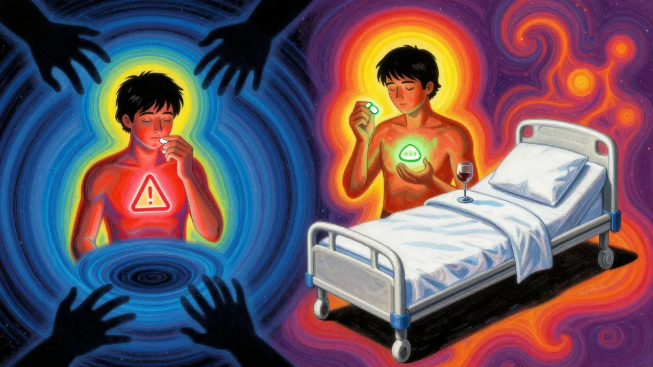 One figure sinks into drowsiness with Benadryl, another with Claritin faces a shadowy hospital bed, both under cosmic warnings.