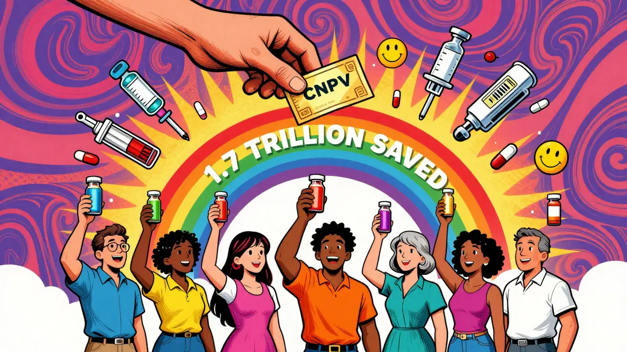 Patients holding generic meds under a rainbow arch, as a golden voucher drops onto an epinephrine injector amid floating health icons.