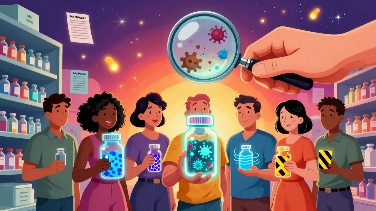 Patients holding glowing generic pills with hidden contaminants, observed by a giant magnifying glass.