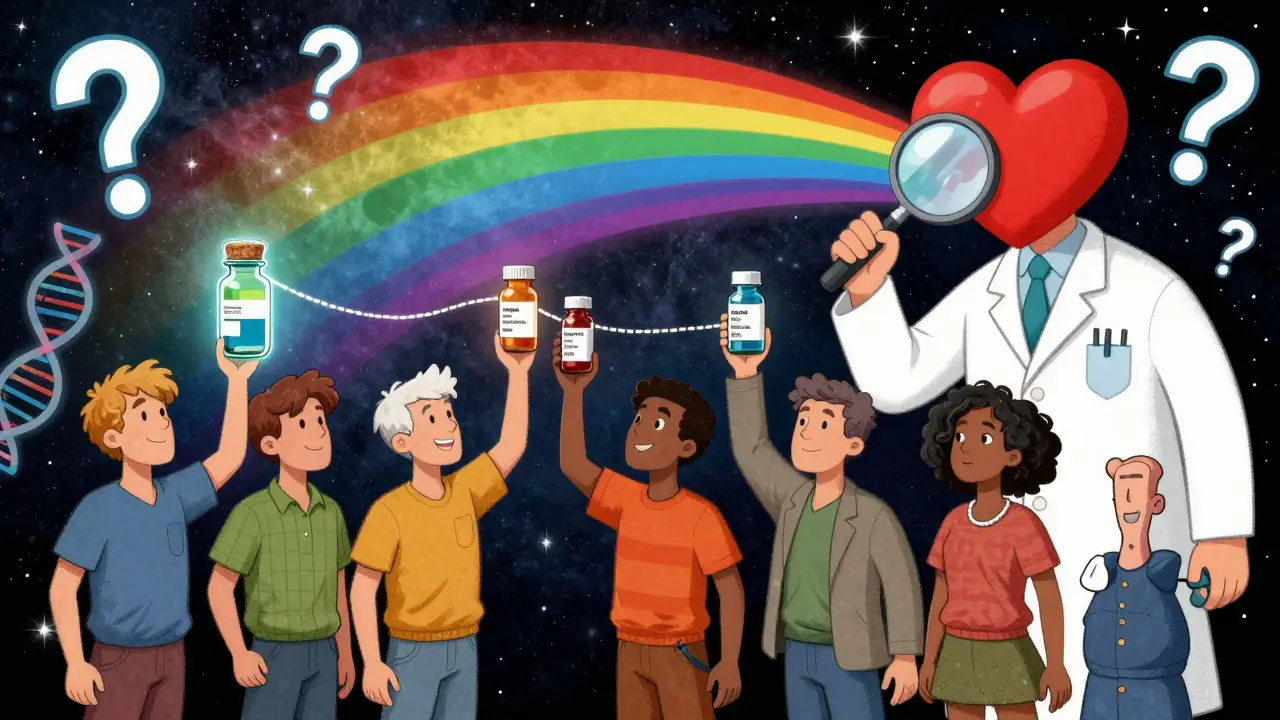 People with personalized medicine light trails, surrounded by serotonin corks, lithium tightropes, and a pharmacist with a heart-shaped magnifier.