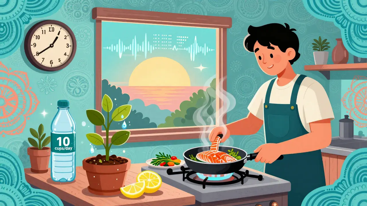 Person cooking fresh food in kitchen with water bottle and sunrise