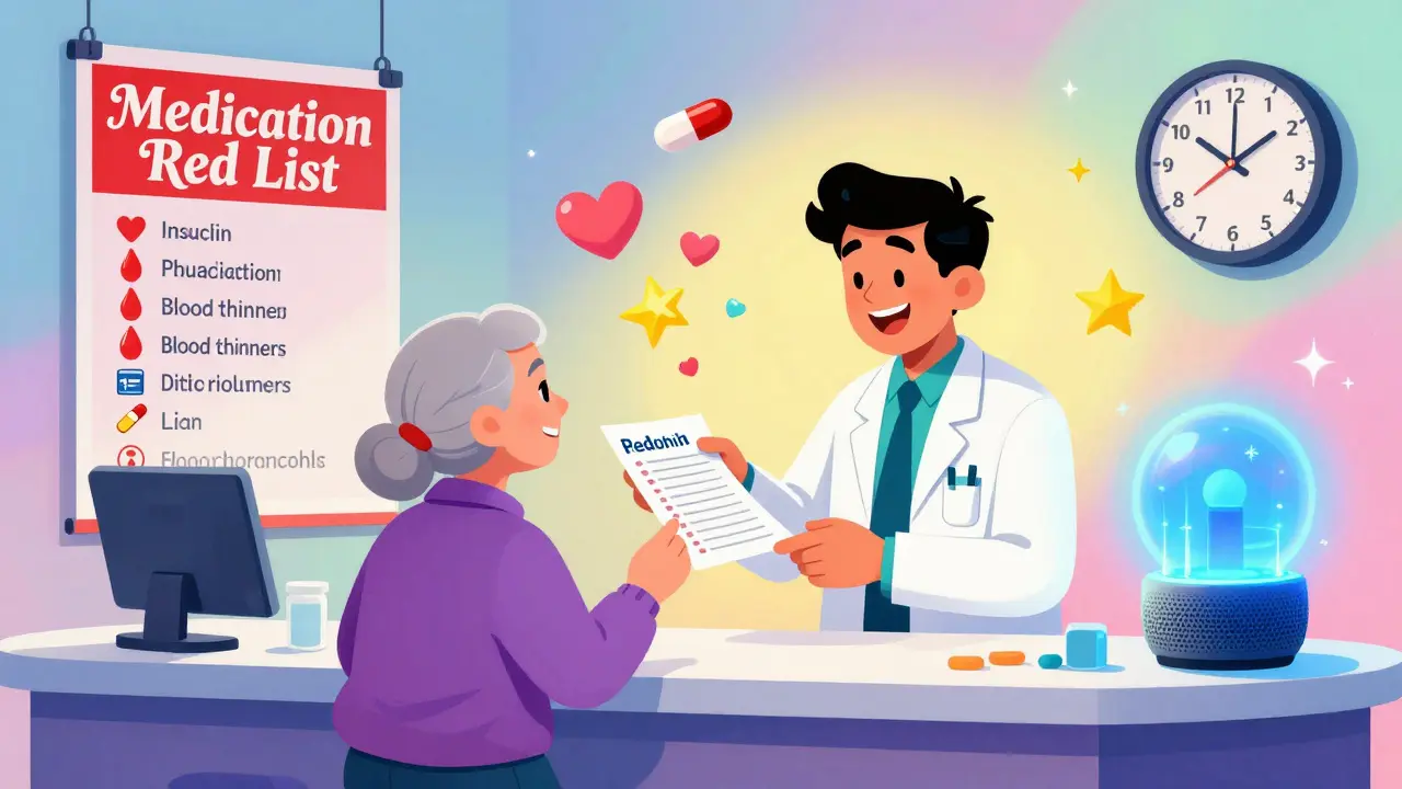 Pharmacist handing medication list to caregiver, with animated pills and red emergency list on wall.