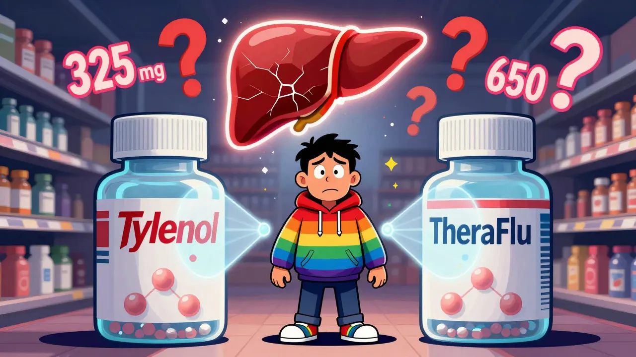 Shopper confused between two cold medicines, with X-ray views showing same acetaminophen inside and a glowing warning liver.