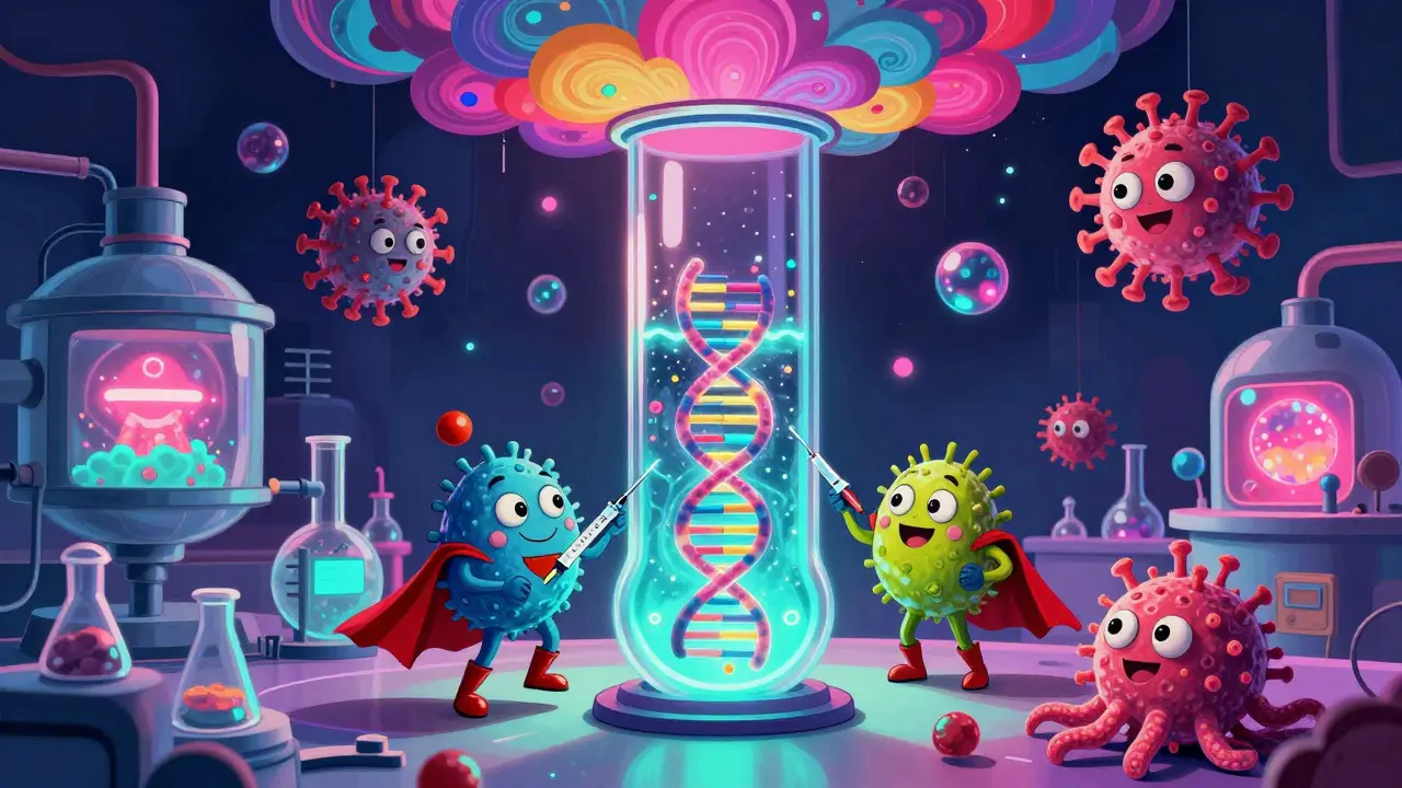 Smiling T-cells being genetically modified in a glowing, floating lab with friendly viruses.