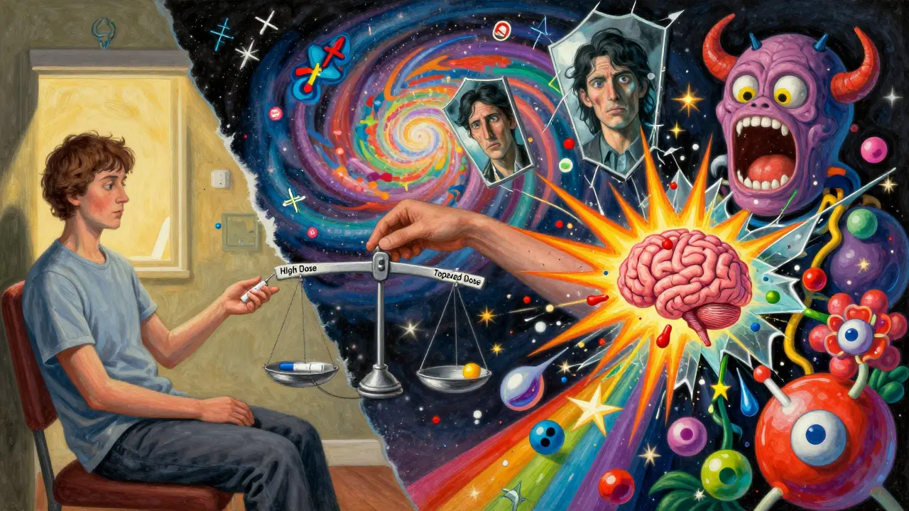 Split scene: calm steroid injection on one side, chaotic brain and paranoia on the other, with a scale tipping toward recovery.