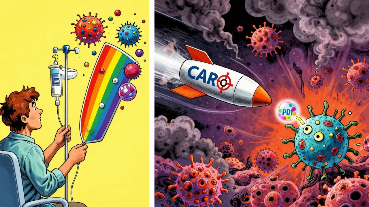 Split scene: checkpoint inhibitors shielding immune cells and CAR-T missile attacking tumor.