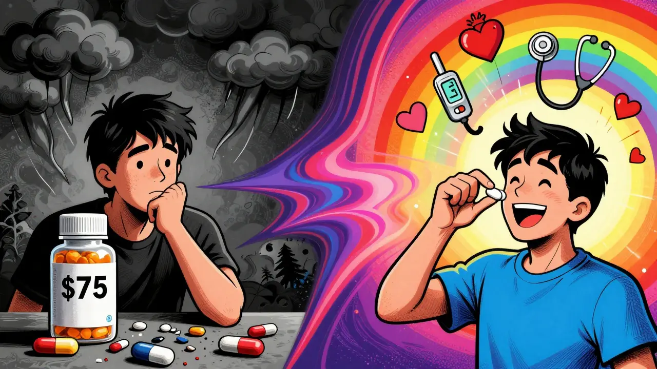 Split scene: one person hesitating with expensive pill under storm clouds, another taking cheap generic under a rainbow with floating health icons.