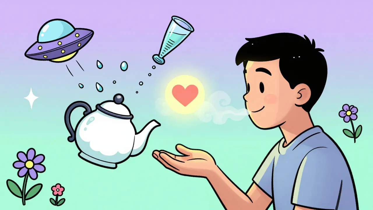 A calm person inhaling steam safely, with saline spray droplets and a neti pot floating peacefully, against a soothing pastel background.