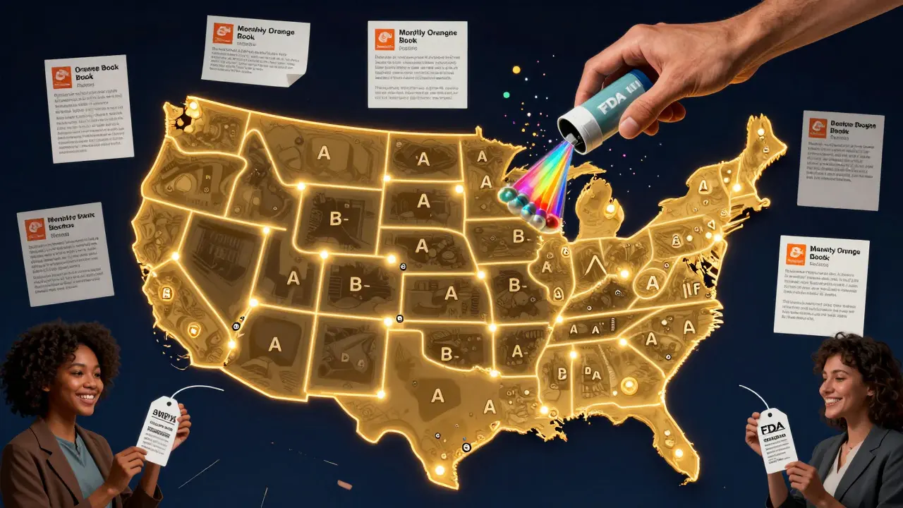 A glowing U.S. map showing A-rated drug pathways, with FDA repairing a broken inhaler using rainbow particles.