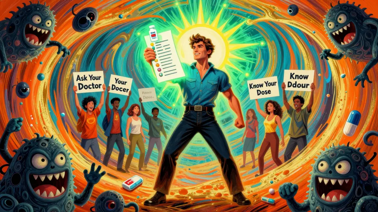 A hero holding naloxone and a medication list, fighting dark pill monsters under a radiant safety sunburst.