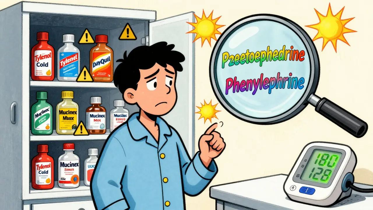 A person surrounded by colorful cold medicine bottles, with hidden decongestant names glowing and a blood pressure monitor showing danger levels.
