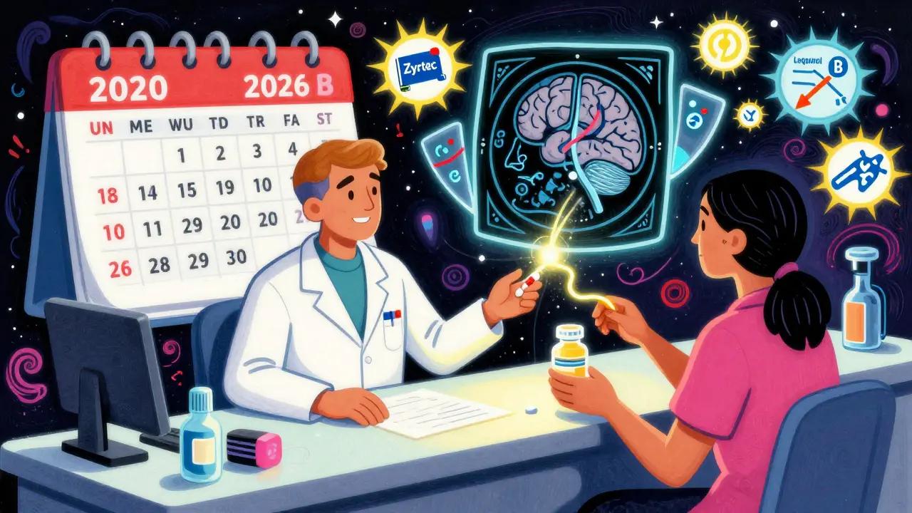 A pharmacist and patient exchange a pill while a floating MRI scan glows with protective shields, surrounded by pulsing drug icons.