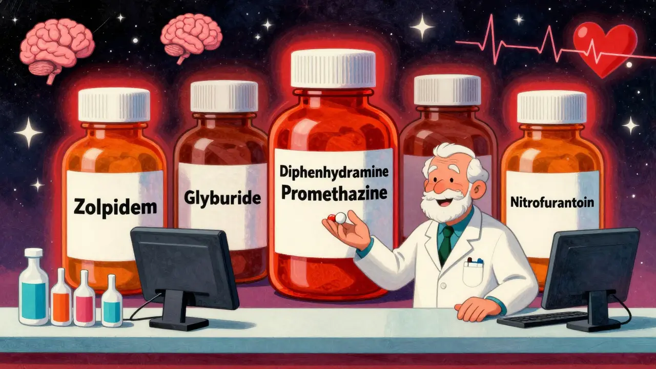 A pharmacist giving a safe pill while dangerous drug bottles loom with glowing red warnings.
