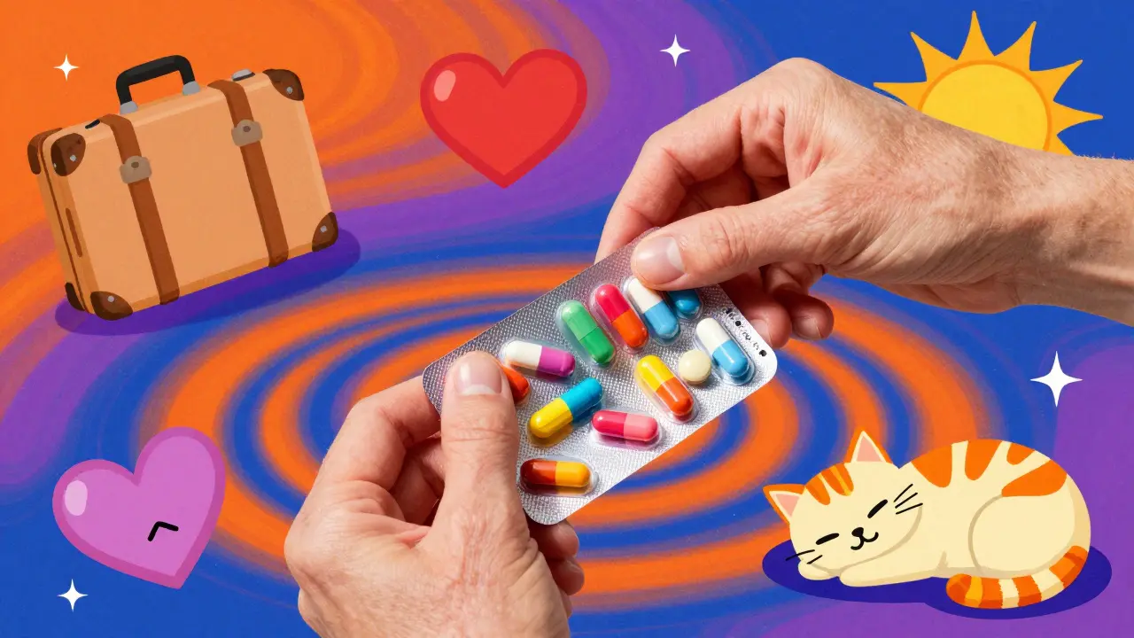 A senior opening a flexible pill pack with travel-themed icons floating around, set in a vibrant cosmic environment.