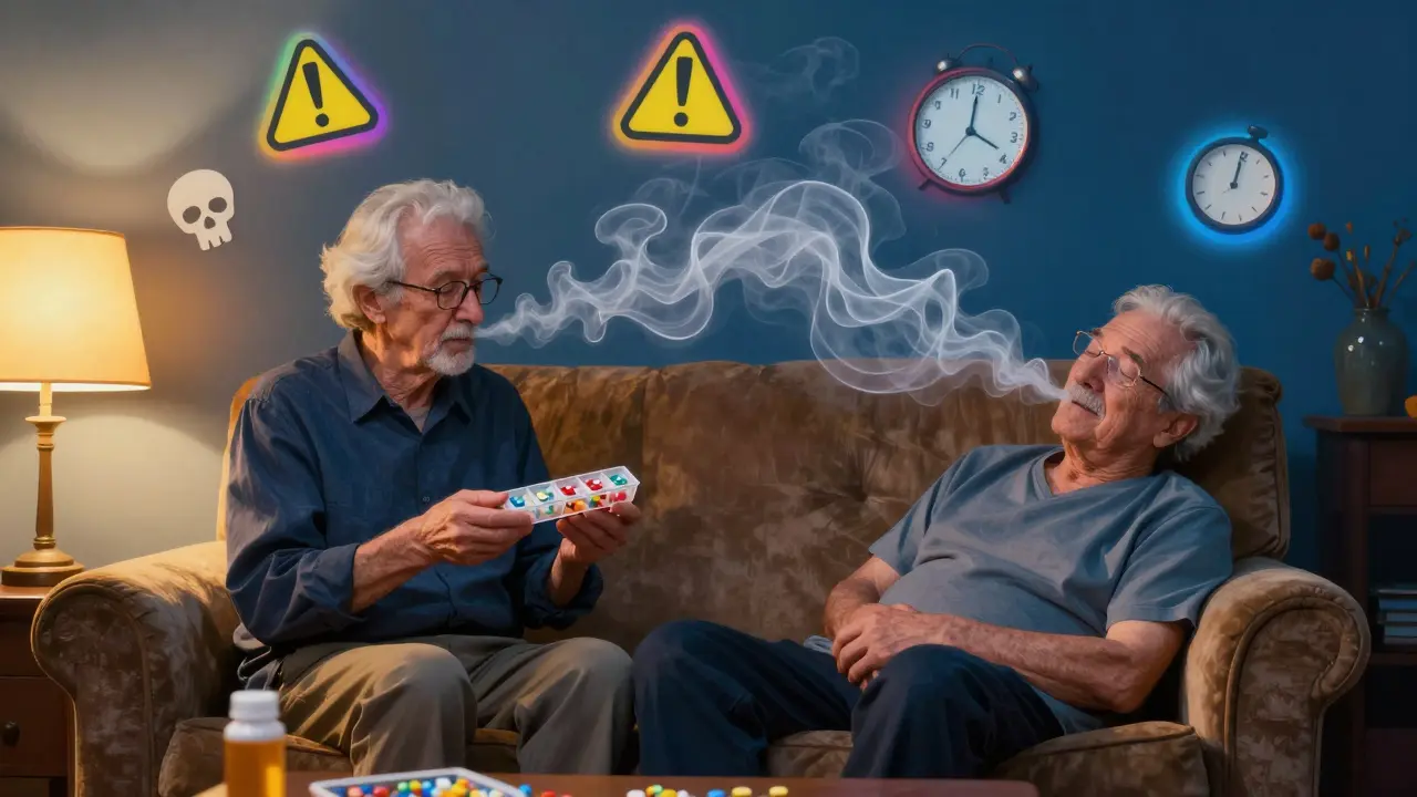 An elderly couple in a living room with fragile breath ribbons and warning symbols floating around.