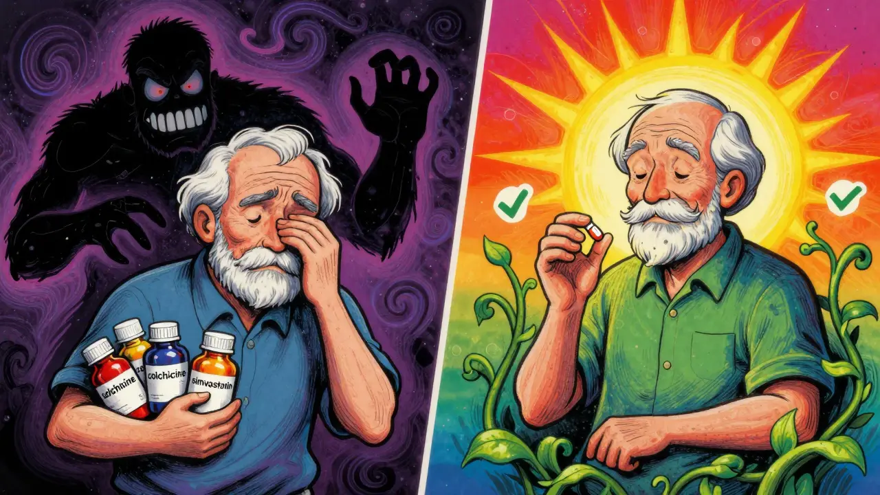 An elderly patient confronted by a dangerous drug monster on one side, and safe azithromycin light on the other, in vibrant cartoon style.