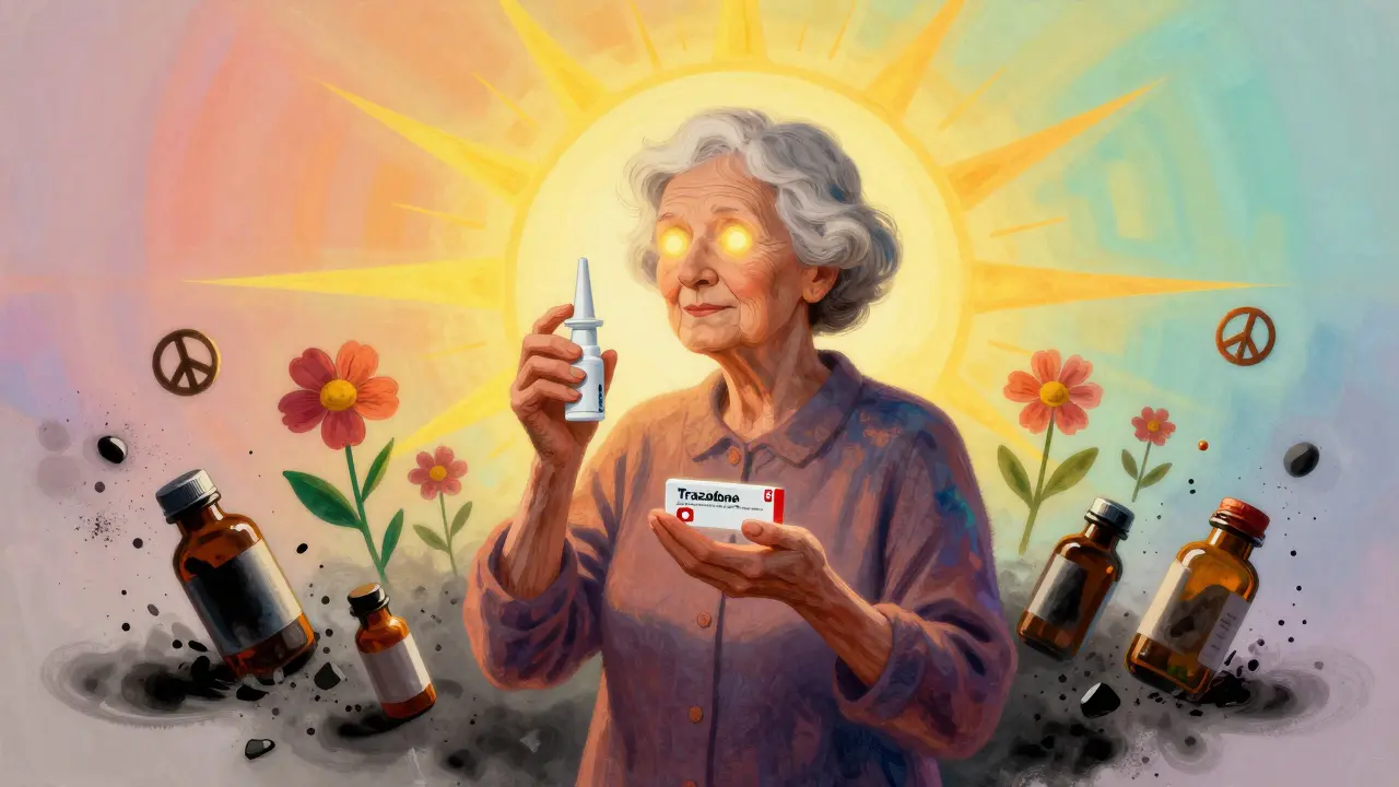 An elderly woman surrounded by crumbling medication bottles, blooming flowers, and calming light.