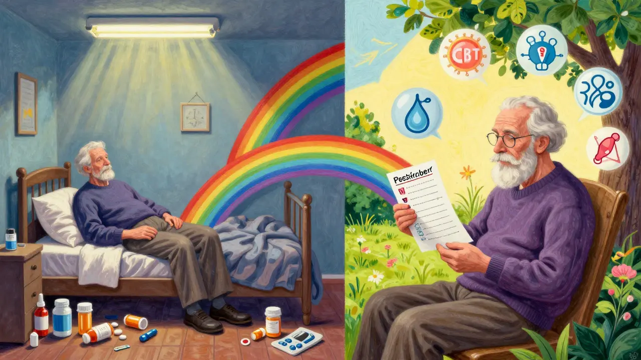 Before-and-after scene: cluttered bedroom vs. peaceful garden with safe medication management icons.