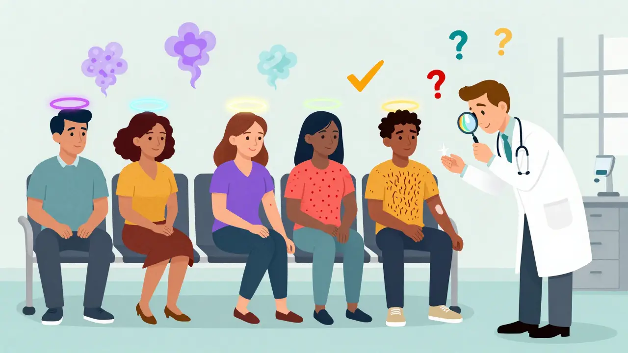 Diverse patients in a clinic with glowing allergy symbols, being tested by an allergist with a rainbow stethoscope.