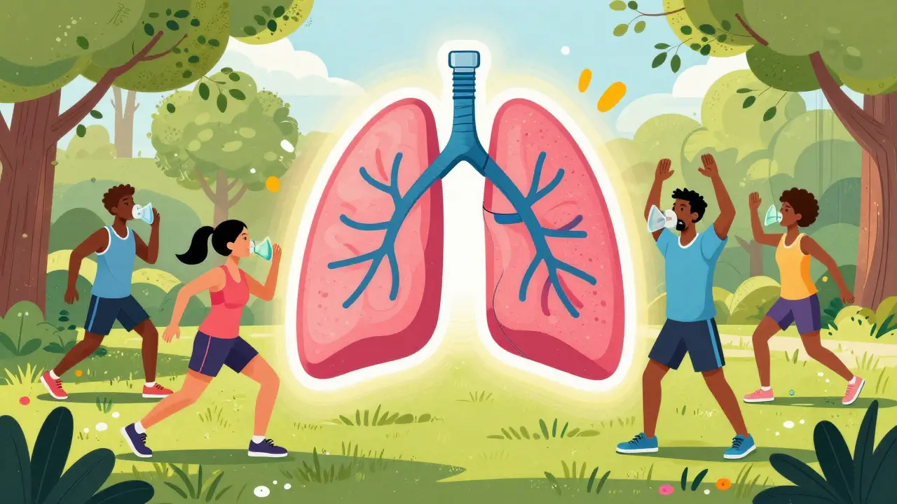 Group exercising with colorful auras during pulmonary rehab