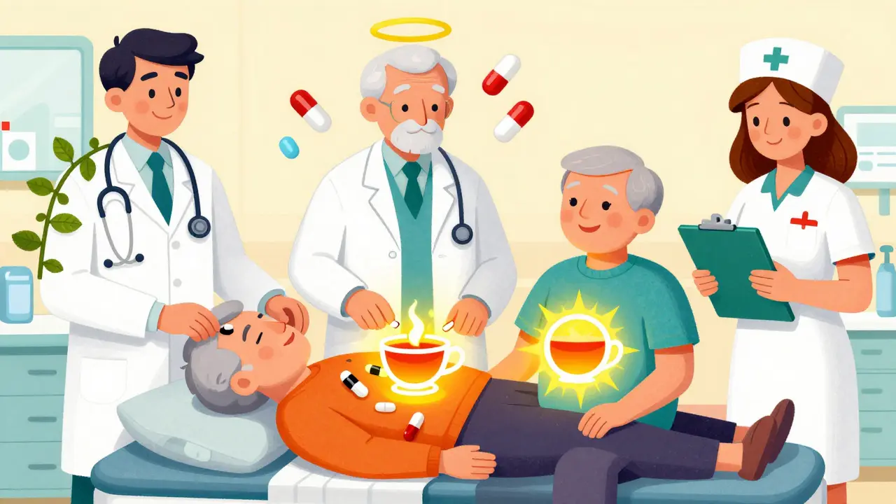 Healthcare workers replacing harmful medications with natural alternatives like melatonin and yoga poses.