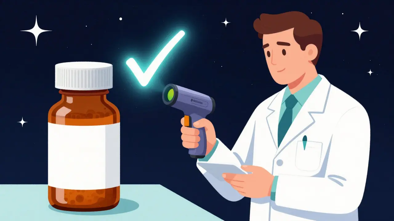 Pharmacist scanning bottle with rainbow barcode scanner and glowing checkmark