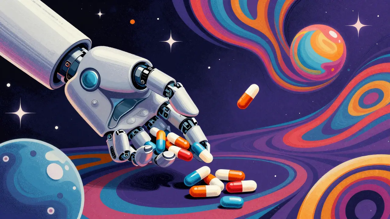 Robotic arm dispensing colorful pills in cosmic psychedelic setting