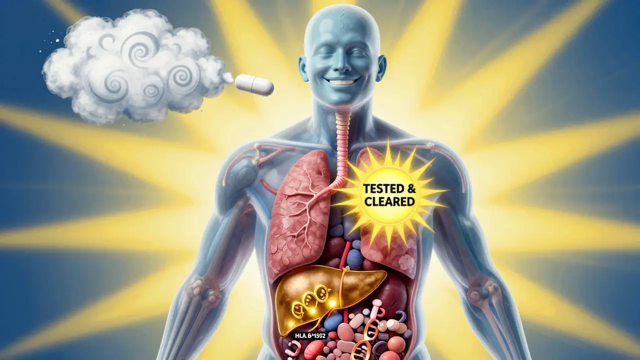 Transparent human body showing drug reactions and a glowing genetic marker, with a radiant 'cleared' sunburst.