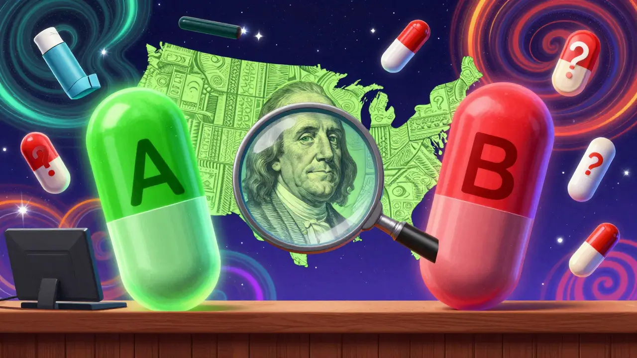 Two pill shapes in a courtroom under a magnifying glass, with complex drug icons and neon swirls symbolizing equivalence debates.