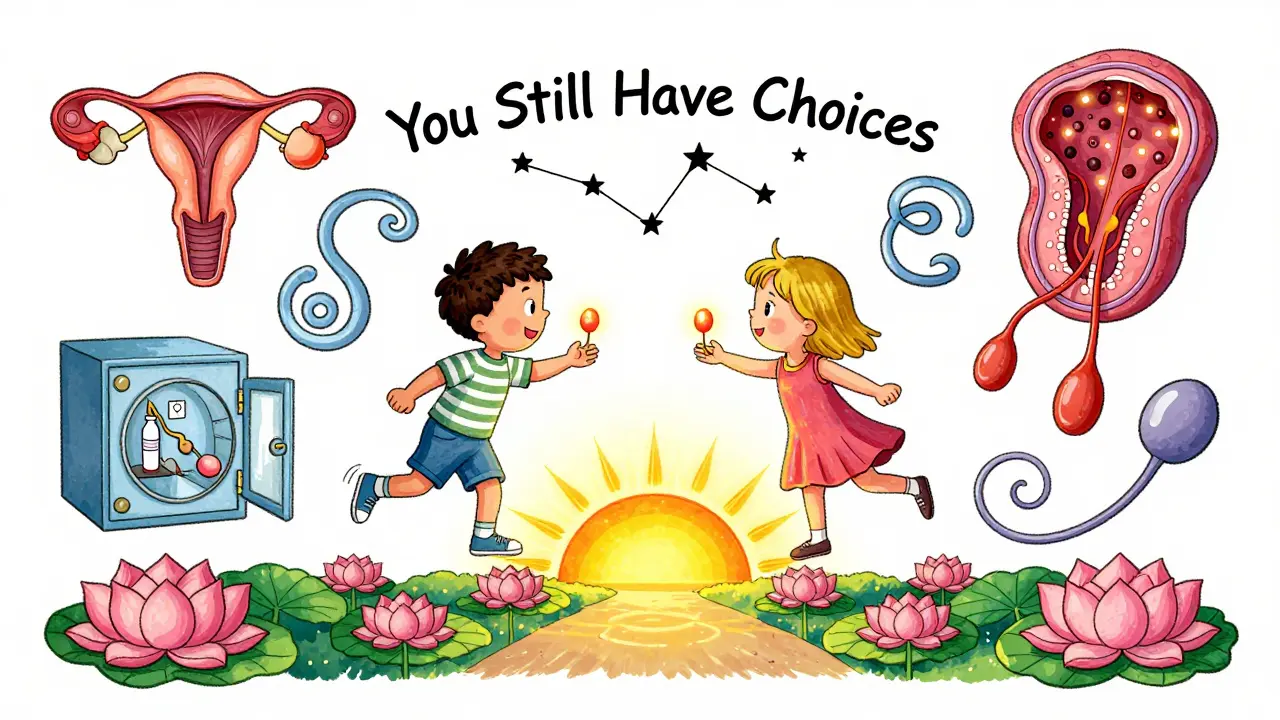 A boy and girl with glowing reproductive symbols, surrounded by medical innovations like frozen tissue and 3D-printed ovaries under a hopeful sunrise.