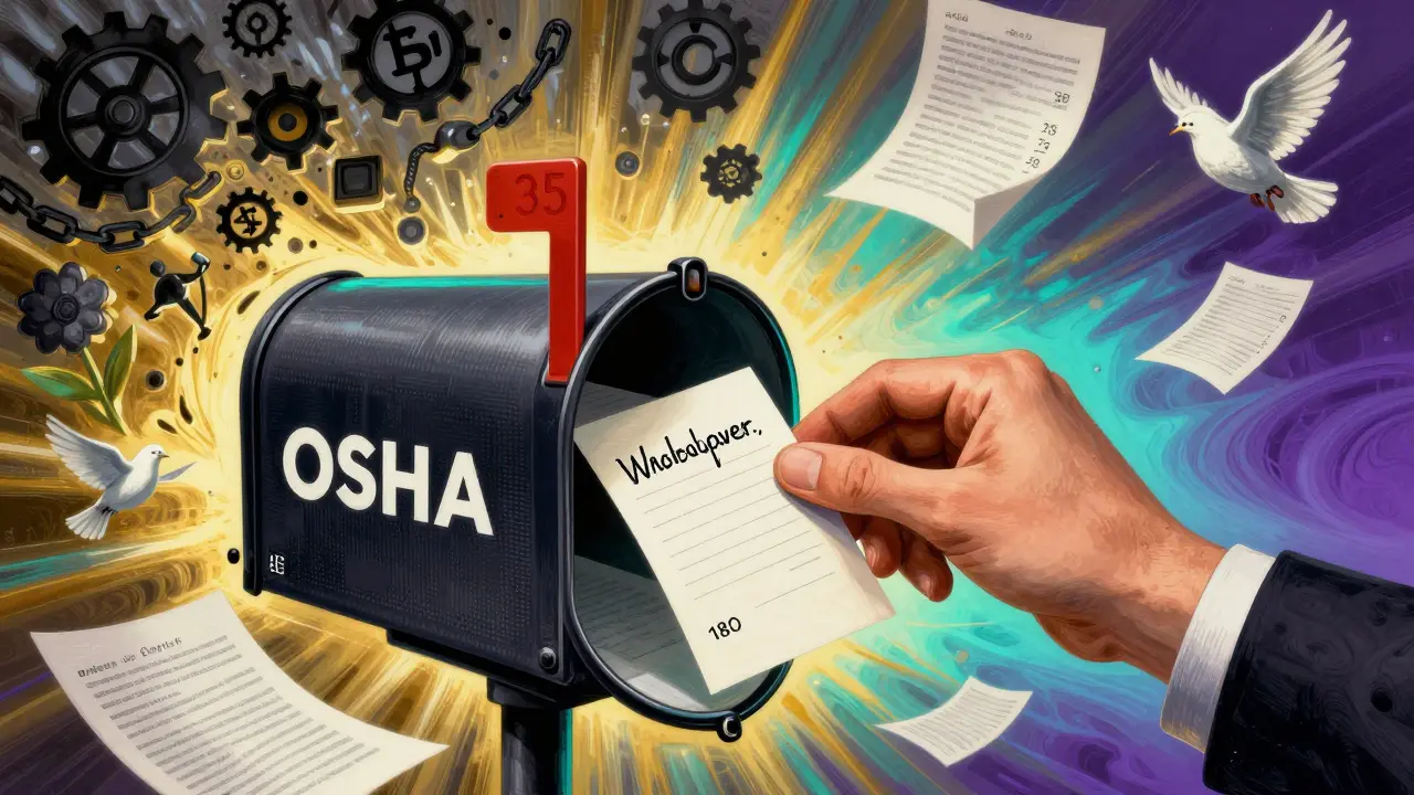A hand places a note into a shield-shaped OSHA mailbox, while dark corporate symbols dissolve into flowers and doves.