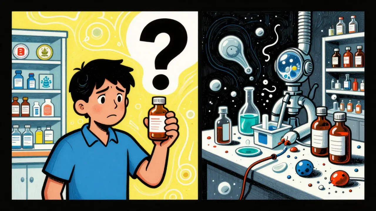 A parent comparing a safe pharmacy to a chaotic one, with floating question marks and vivid contrasting scenes.