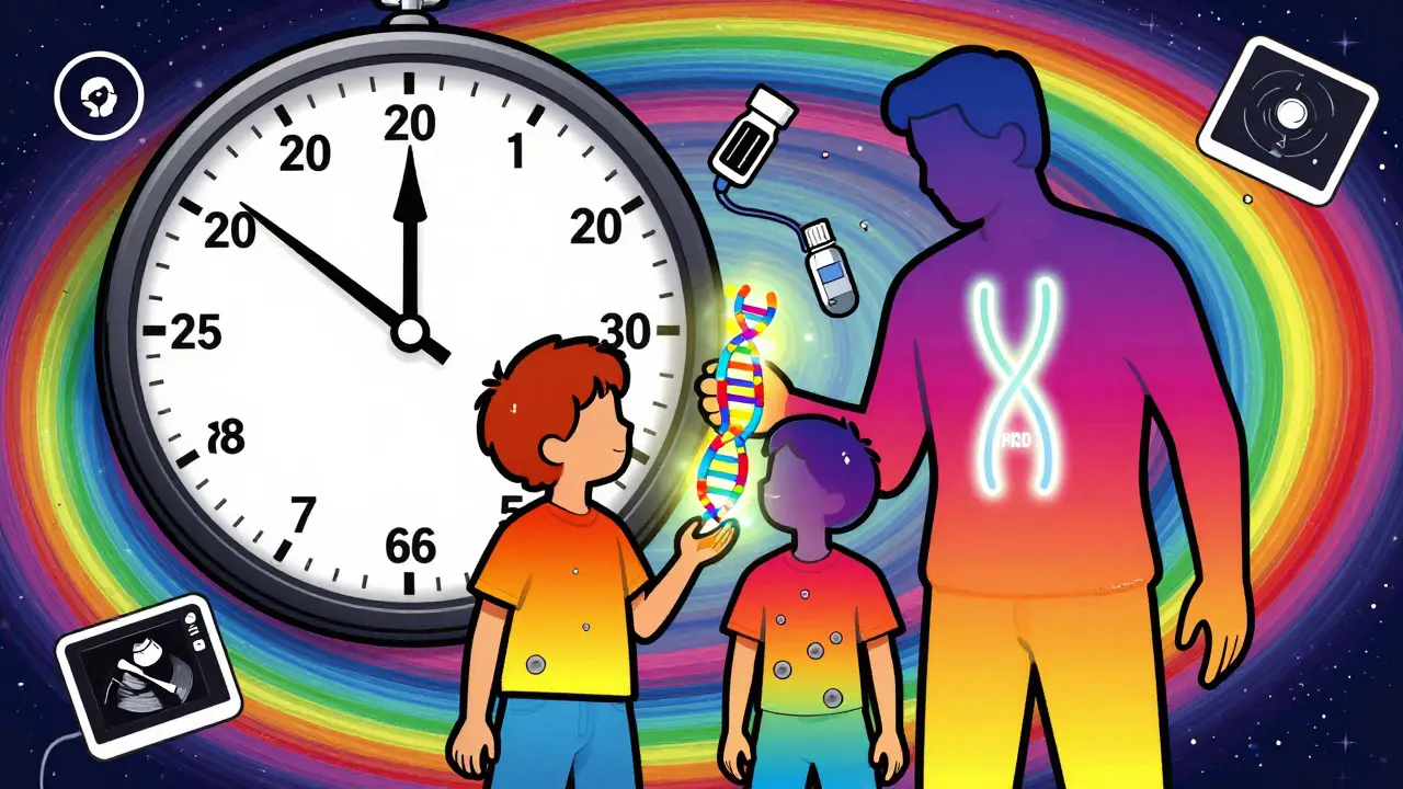 A parent passing a glowing gene strand to two children, one affected by cysts, against a swirling rainbow backdrop.