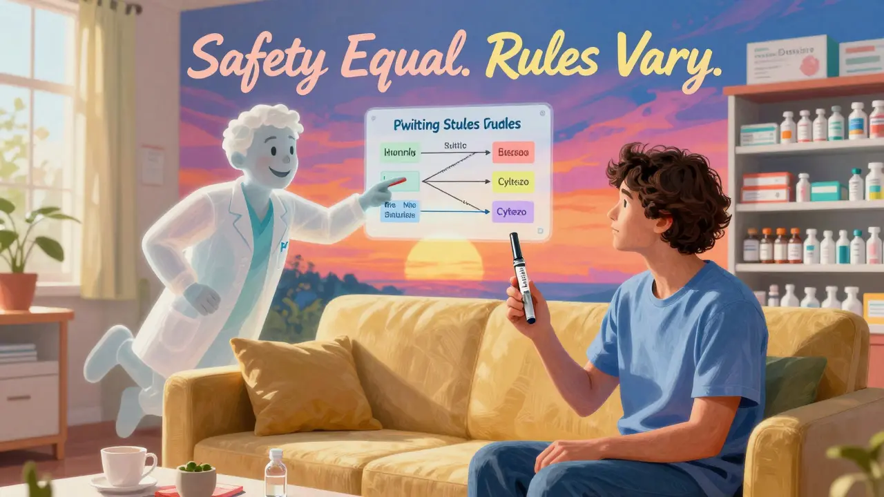 A patient holds two insulin pens side by side as floating medical figures explain switching studies in a bright room.