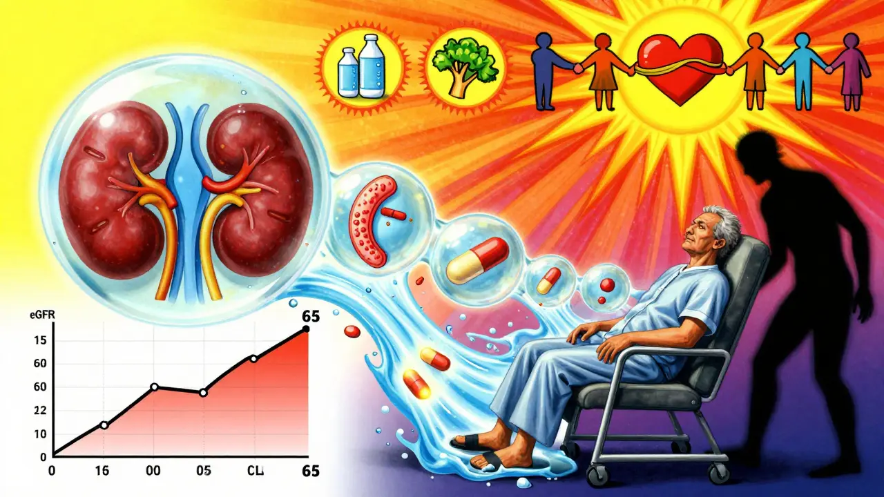 A patient surrounded by dissolving cysts and rising eGFR chart, with hydration and tolvaptan symbols glowing brightly.